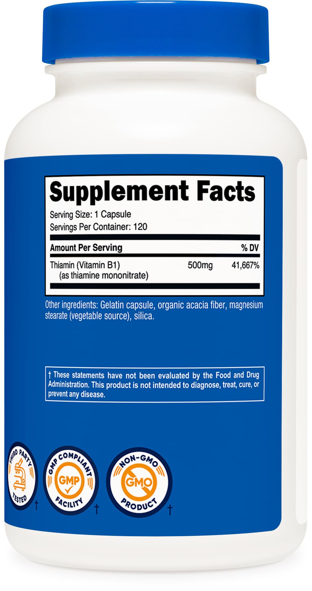 Nutricost Vitamin B1 500mg bottle nutrition facts panel for informed dosing
