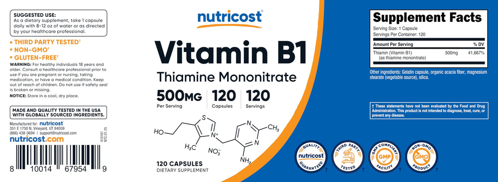 Nutricost Vitamin B1 500mg bottle side view packaging for compact storage