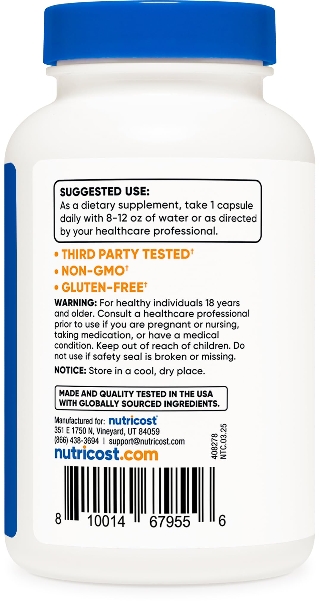 Side view of Nutricost Vitamin B6 100mg bottle.
