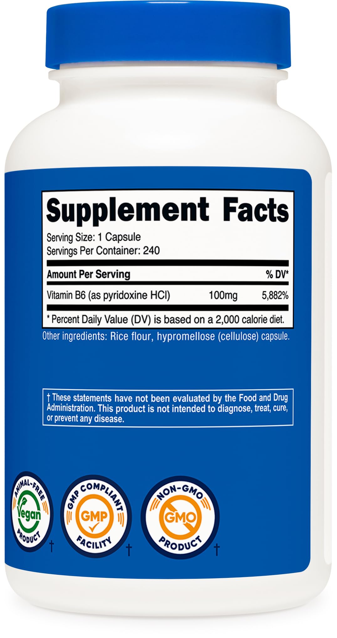Nutricost Vitamin B6 nutrition facts card highlighting 100 mg per capsule