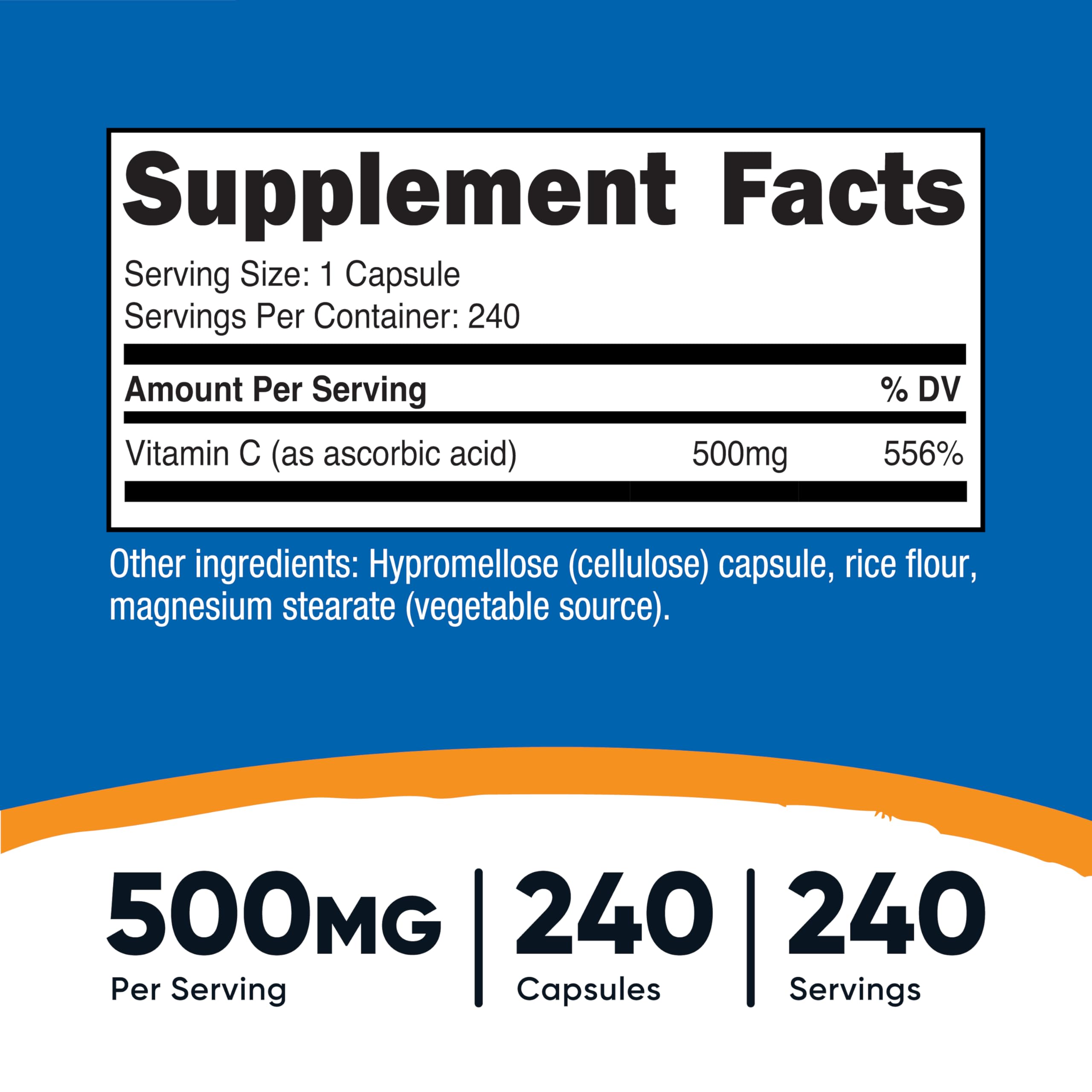 Nutricost Vitamin C 500mg capsules close-up—vegetarian supplement.