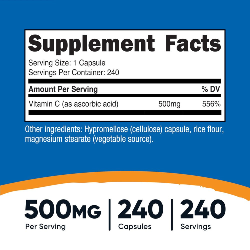 Nutricost Vitamin C 500mg capsules close-up—vegetarian supplement.