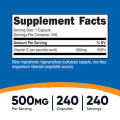 Nutricost Vitamin C 500mg capsules close-up—vegetarian supplement.