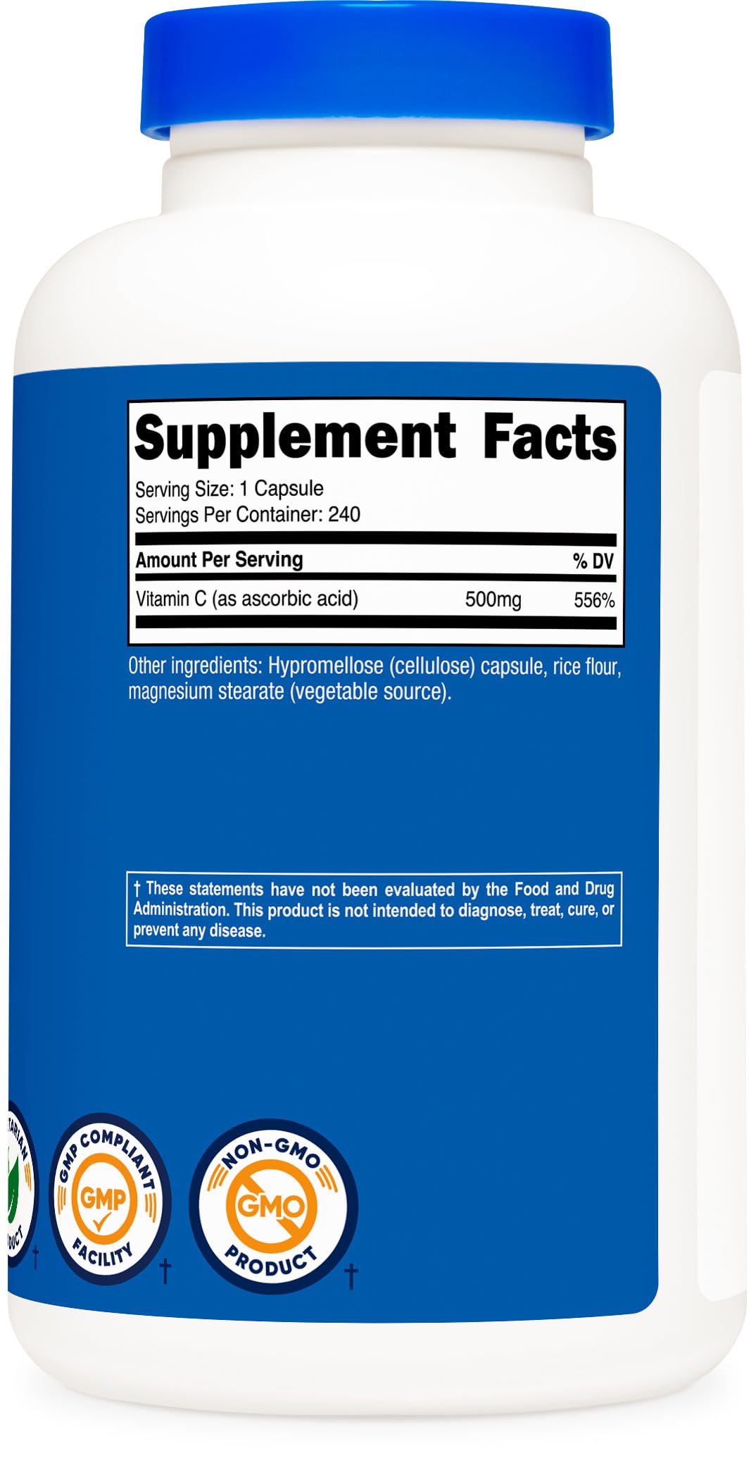 Nutricost Vitamin C 500mg quality seals indicating GMP and lab testing.