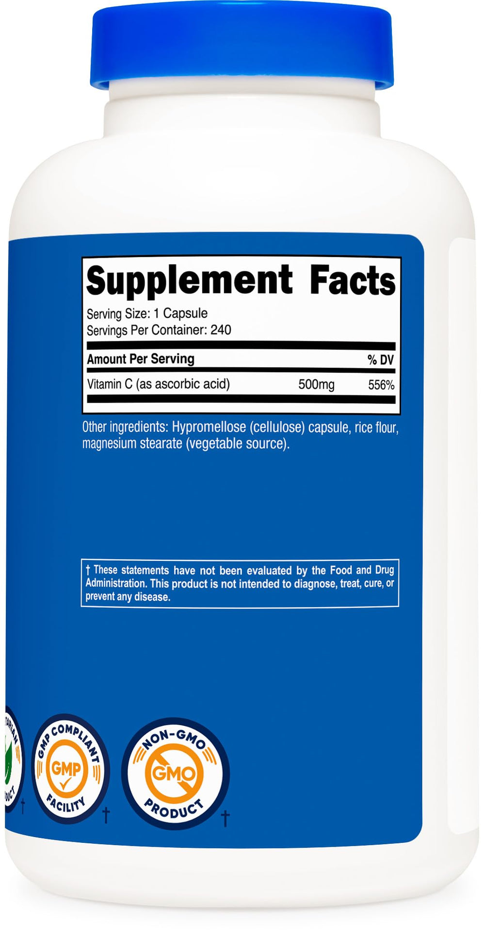 Nutricost Vitamin C 500mg quality seals indicating GMP and lab testing.