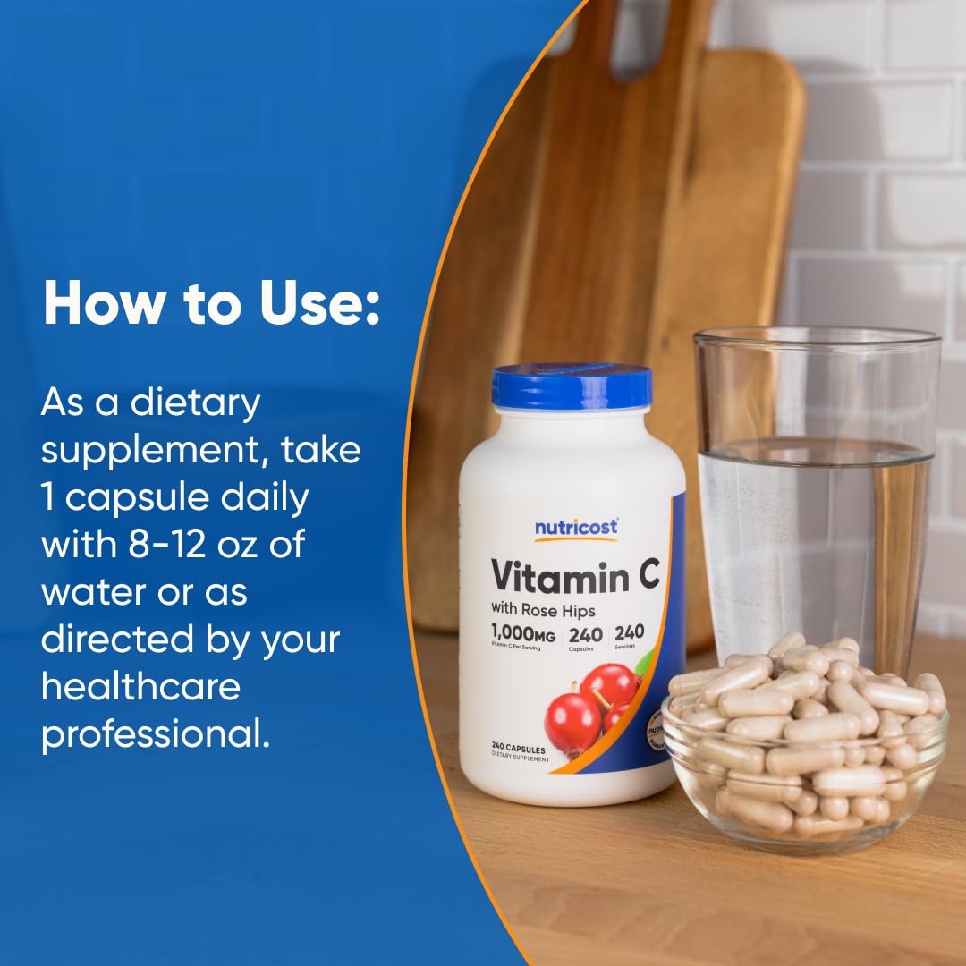 Nutricost Vitamin C capsules pour into hand for daily use