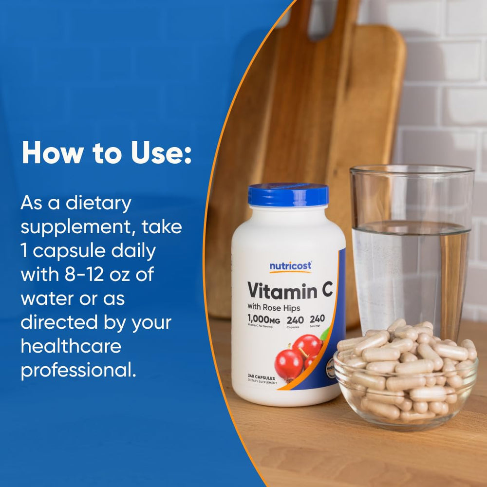 Nutricost Vitamin C capsules pour into hand for daily use
