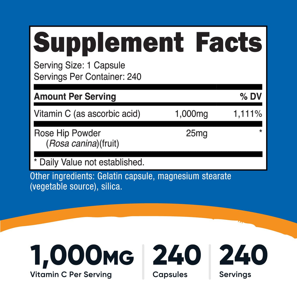 Nutricost Vitamin C with Rose Hips capsules close-up for daily supplementation