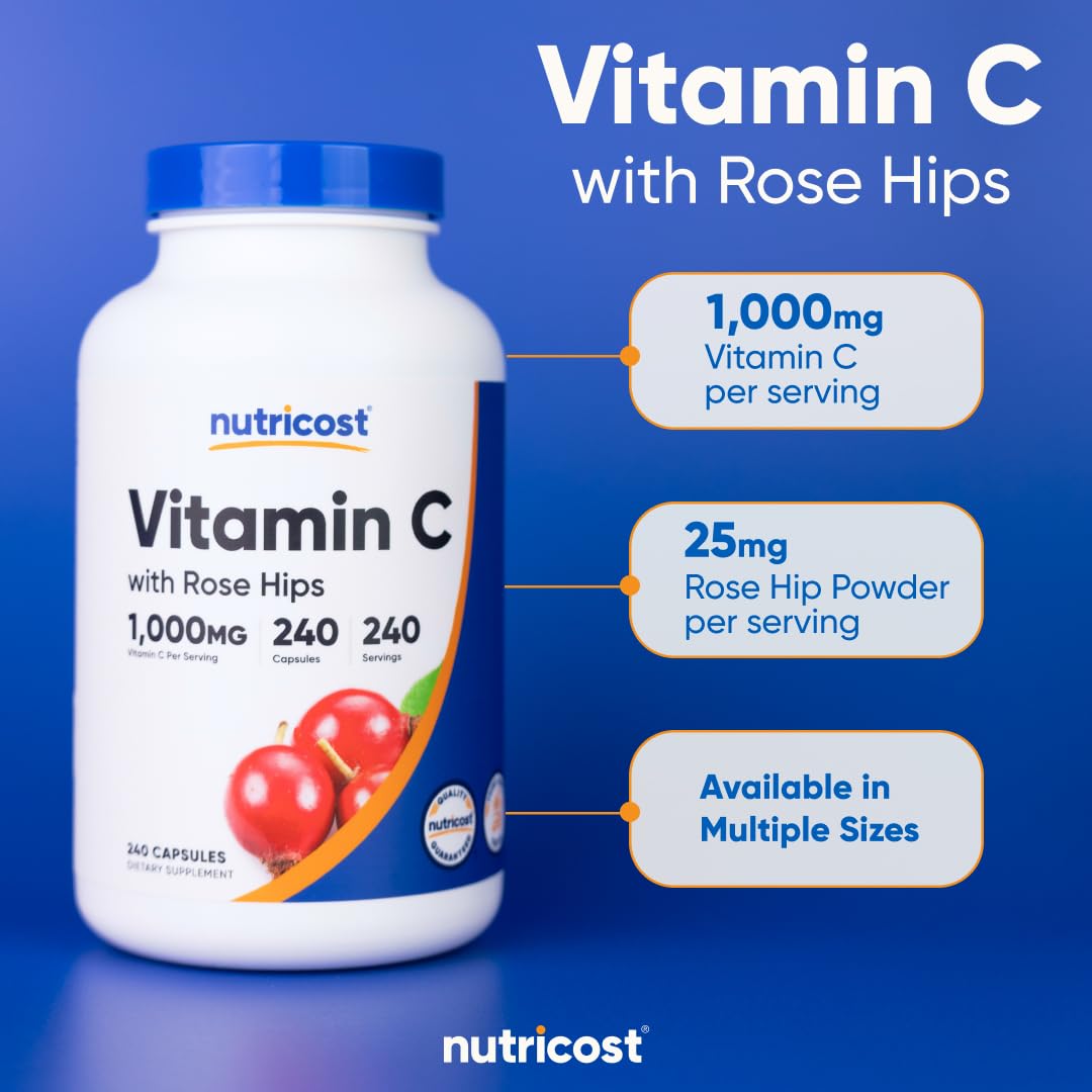 Nutricost Vitamin C Rose Hips gluten-free packaging supports dietary needs