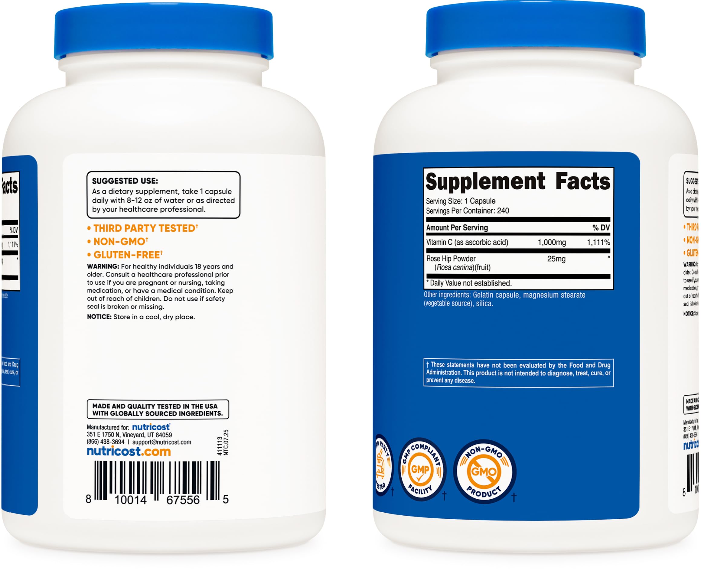 Nutricost Vitamin C Rose Hips third-party testing badge signals quality