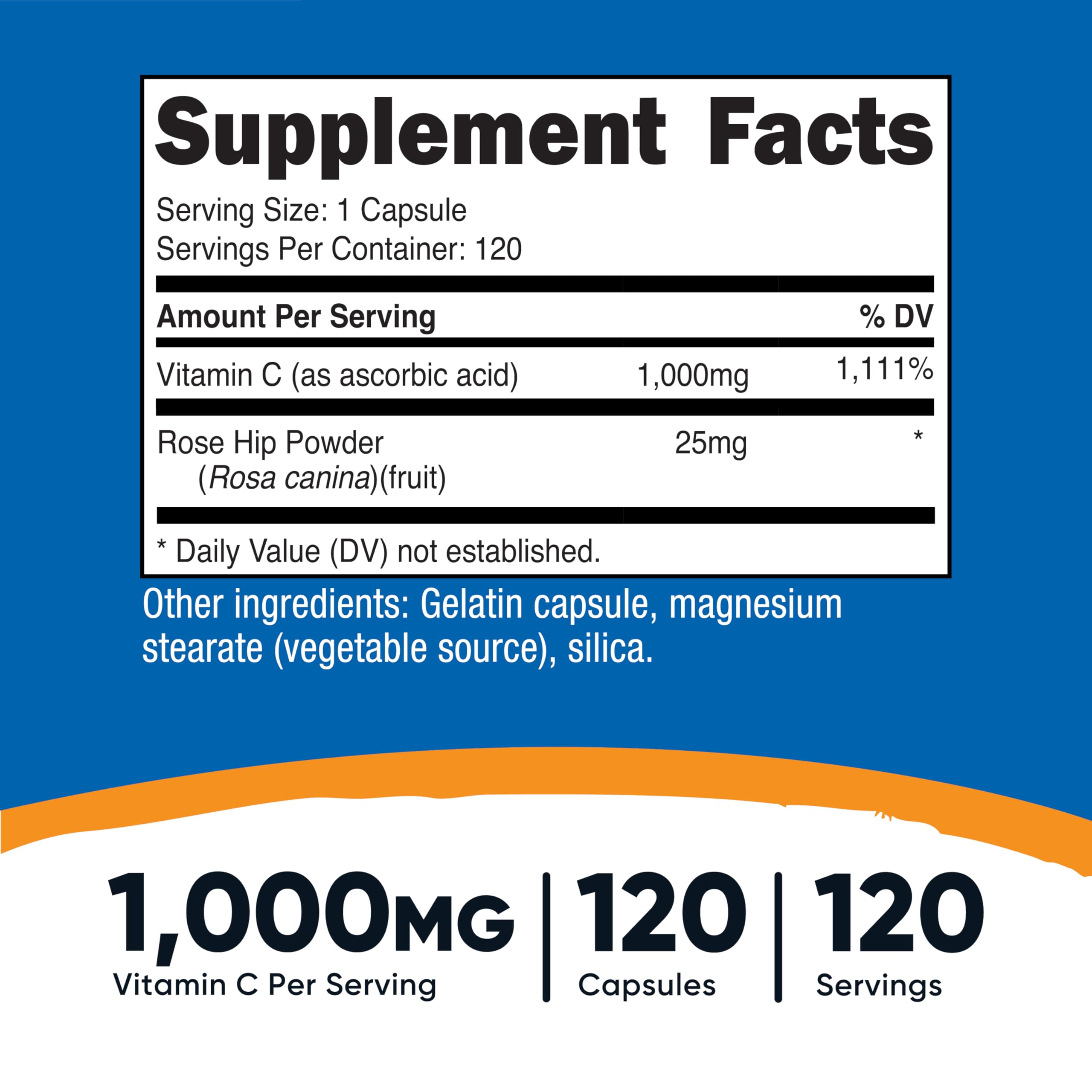 Close up of Nutricost Vitamin C with Rose Hips capsules showing potency.