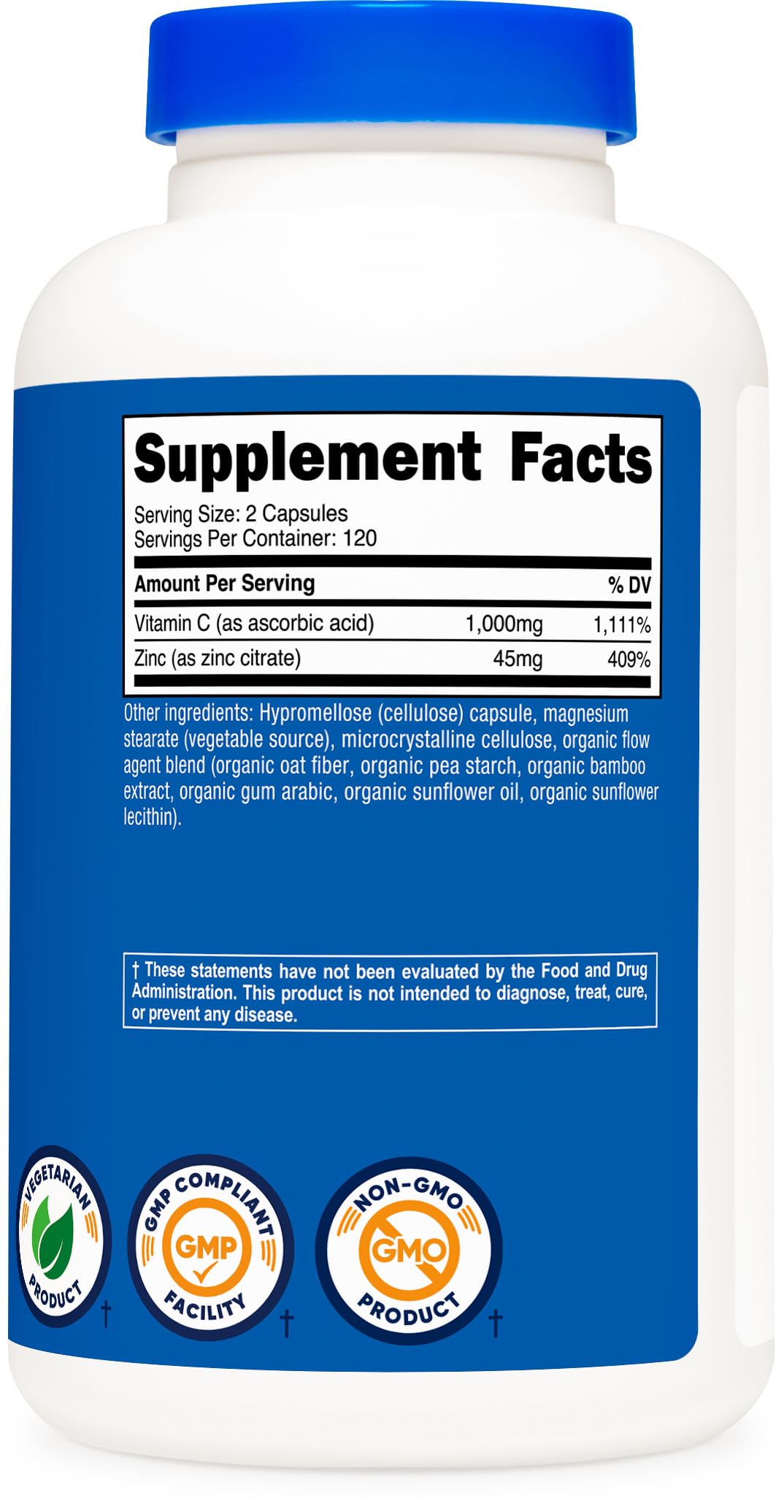 Nutricost Vitamin C with Zinc serving scene emphasizes 120 servings per bottle