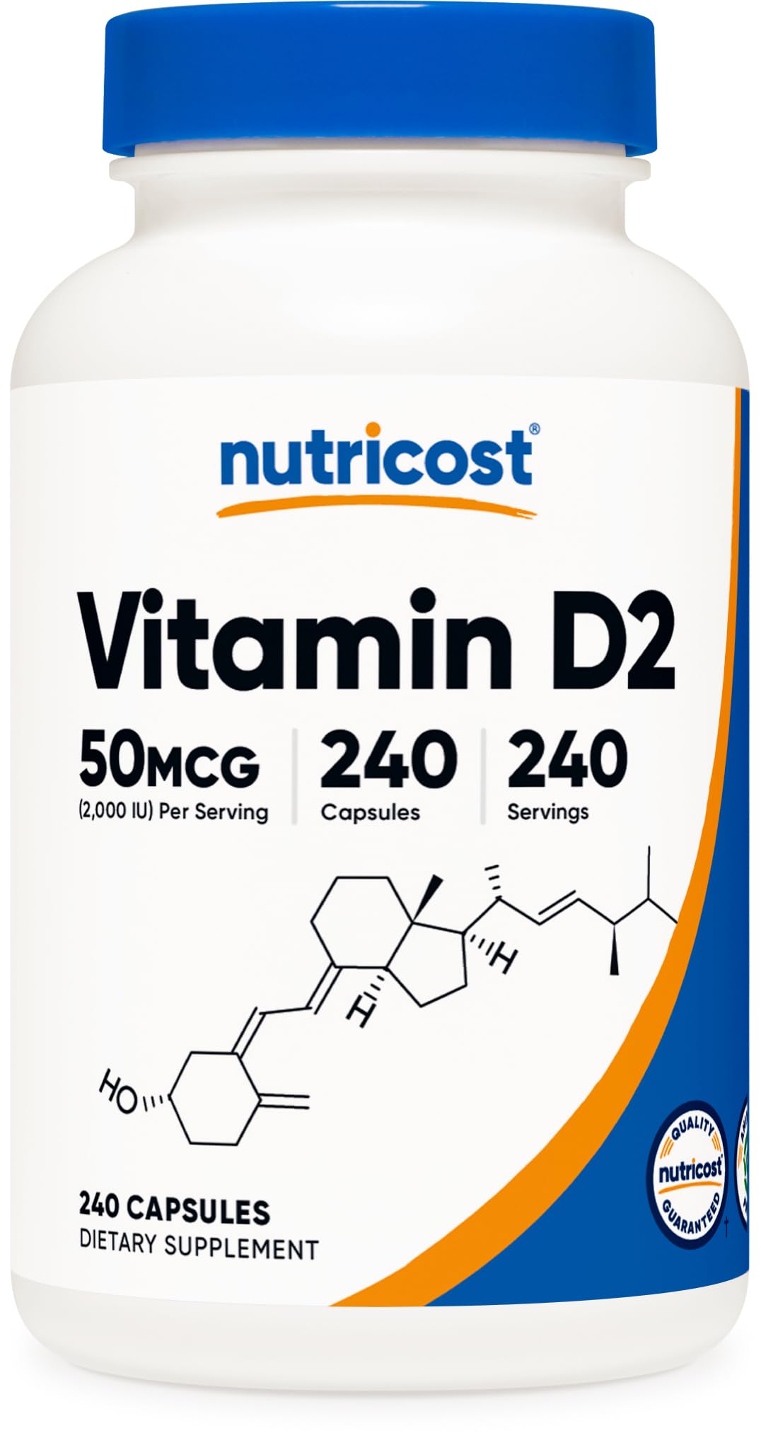 Nutricost Vitamin D2 bottle front view with 240 capsules for daily wellness.