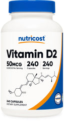 Nutricost Vitamin D2 bottle front view with 240 capsules for daily wellness.
