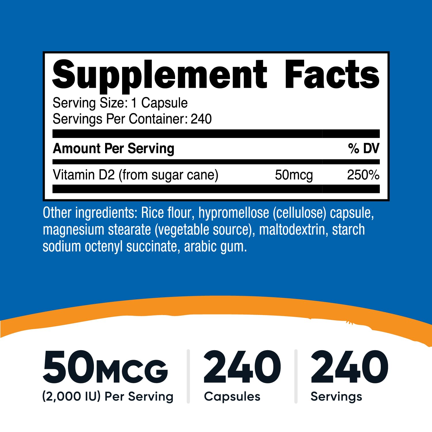 Close-up of Nutricost Vitamin D2 capsules showing easy-to-swallow form.