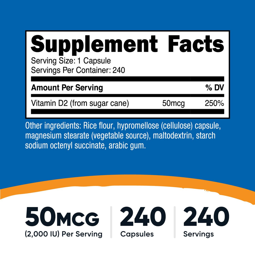 Close-up of Nutricost Vitamin D2 capsules showing easy-to-swallow form.