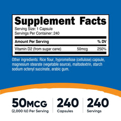 Close-up of Nutricost Vitamin D2 capsules showing easy-to-swallow form.