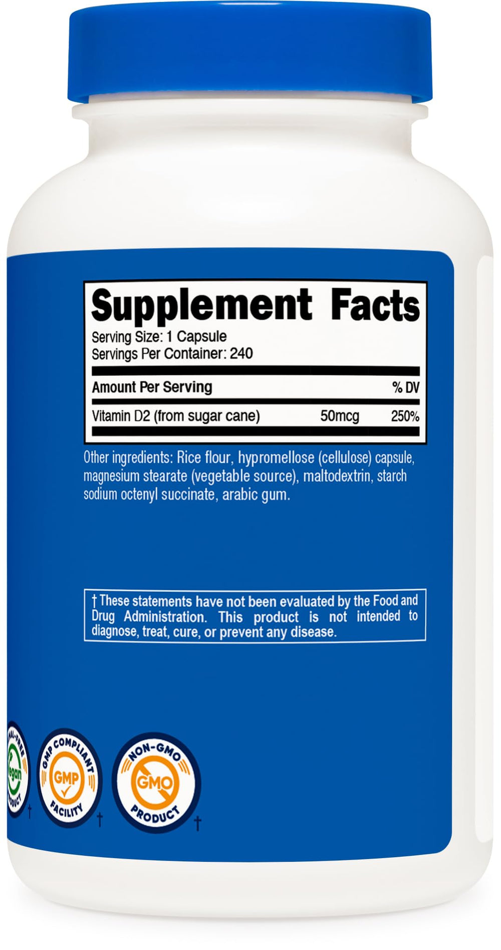 Nutricost Vitamin D2 packaging highlighting vegan quality and third-party testing.