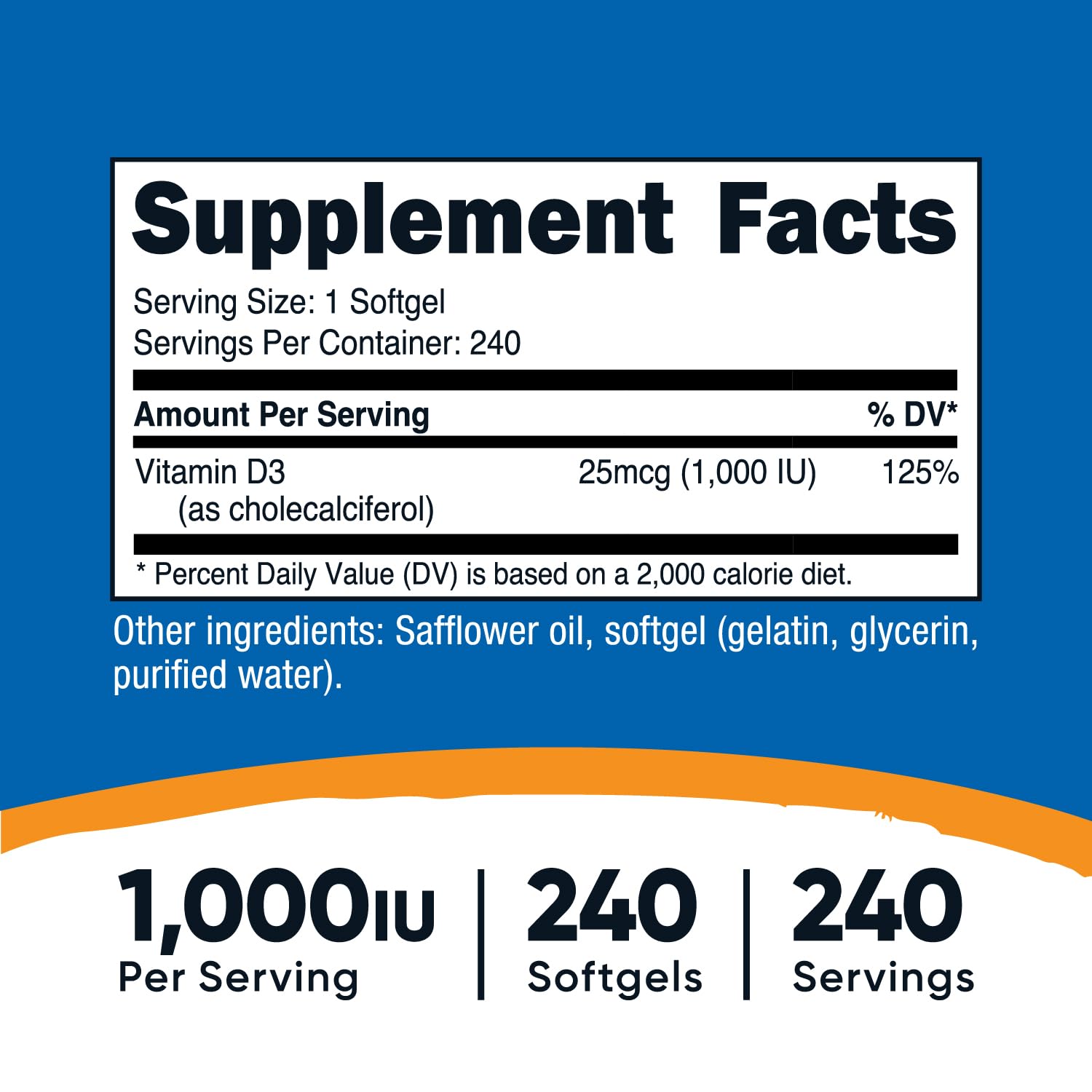 Nutricost Vitamin D3 1000 IU softgels label, clear potency and serving details