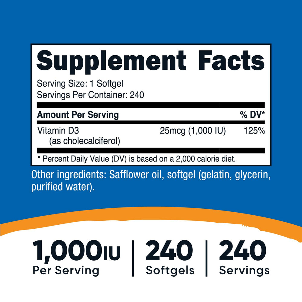 Nutricost Vitamin D3 1000 IU softgels label, clear potency and serving details