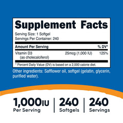 Nutricost Vitamin D3 1000 IU softgels label, clear potency and serving details