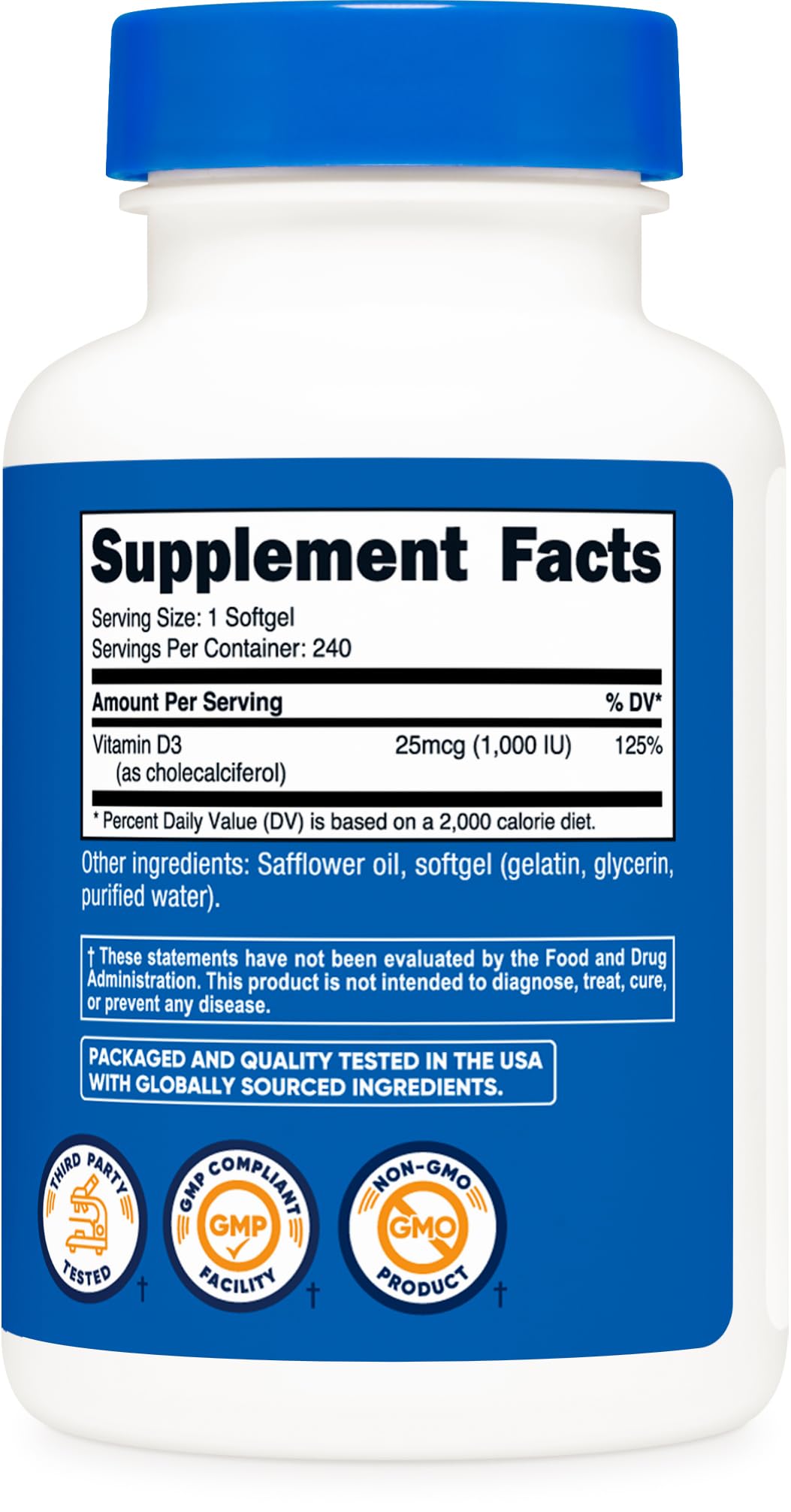 Nutricost Vitamin D3 1000 IU softgels packaging, GMP and ISO tested quality