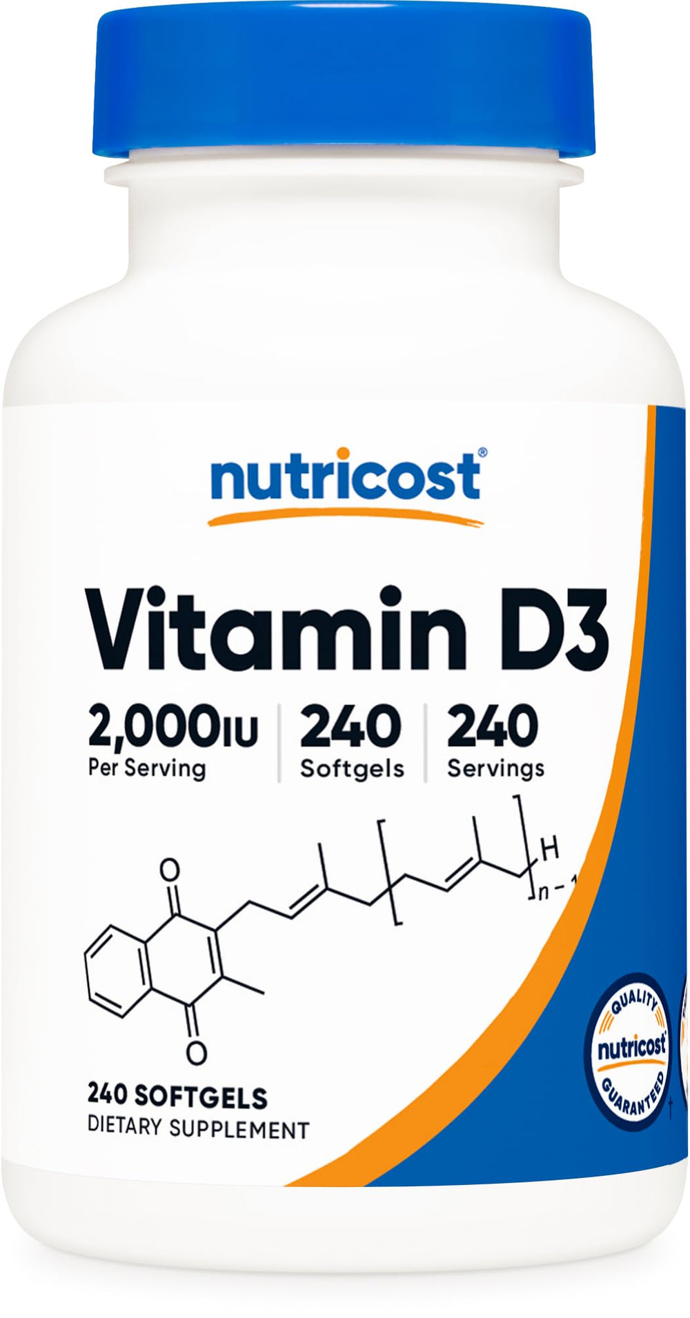 Nutricost Vitamin D3 2000 IU softgels bottle front for daily high-potency support.
