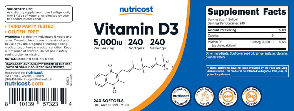 Nutricost Vitamin D3 5000 IU facility certification mark indicating quality