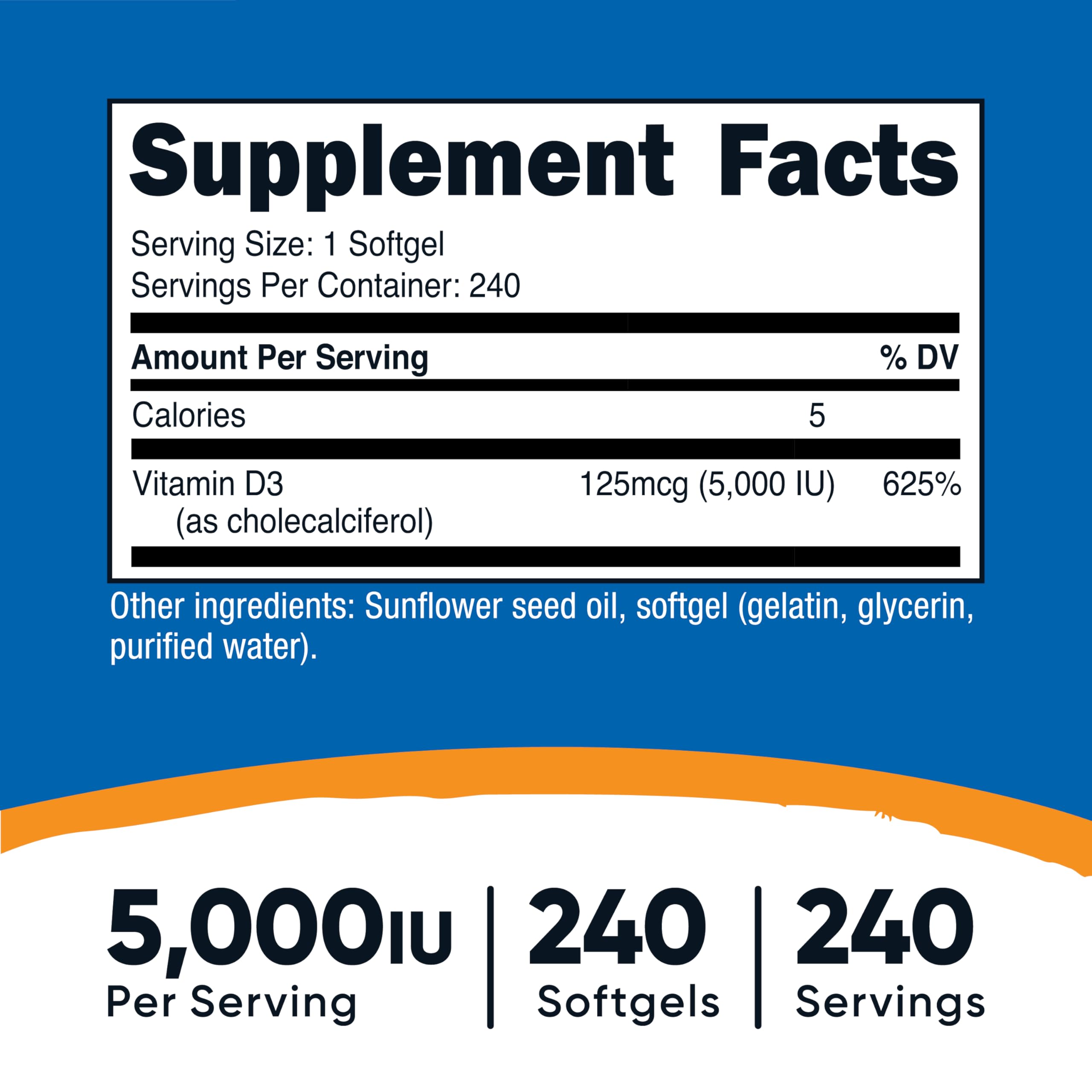 Nutricost Vitamin D3 5000 IU softgel cap close-up for easy swallowing