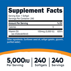 Nutricost Vitamin D3 5000 IU softgel cap close-up for easy swallowing