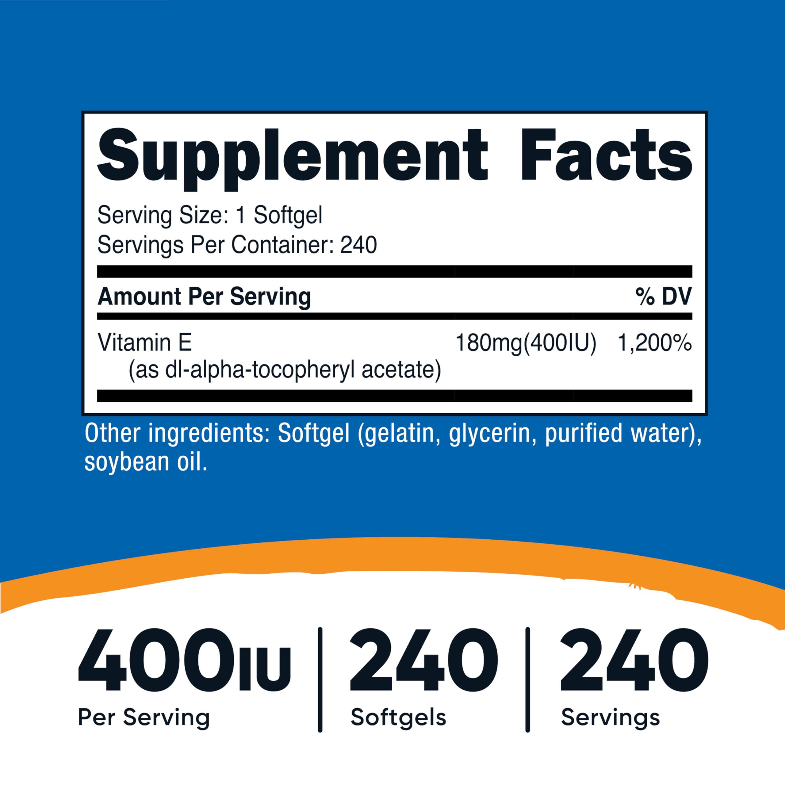 Close-up of Nutricost Vitamin E 400 IU softgel capsules.