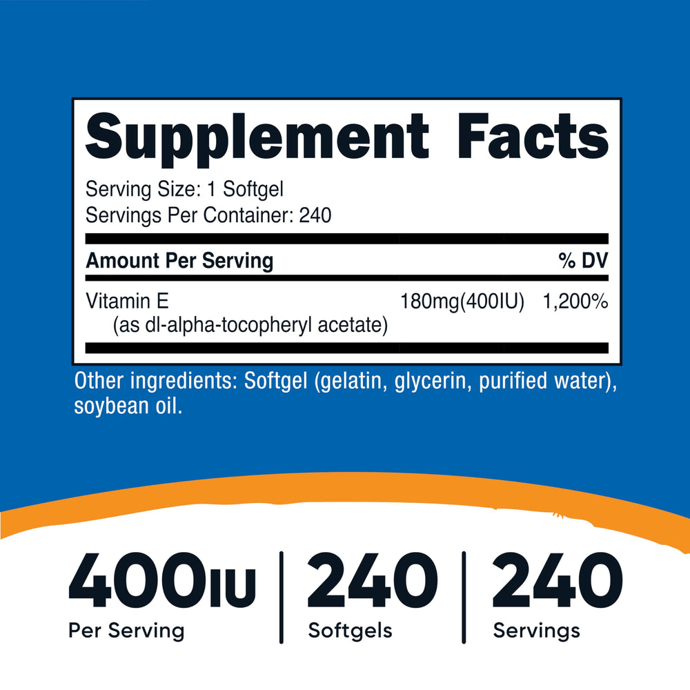 Close-up of Nutricost Vitamin E 400 IU softgel capsules.