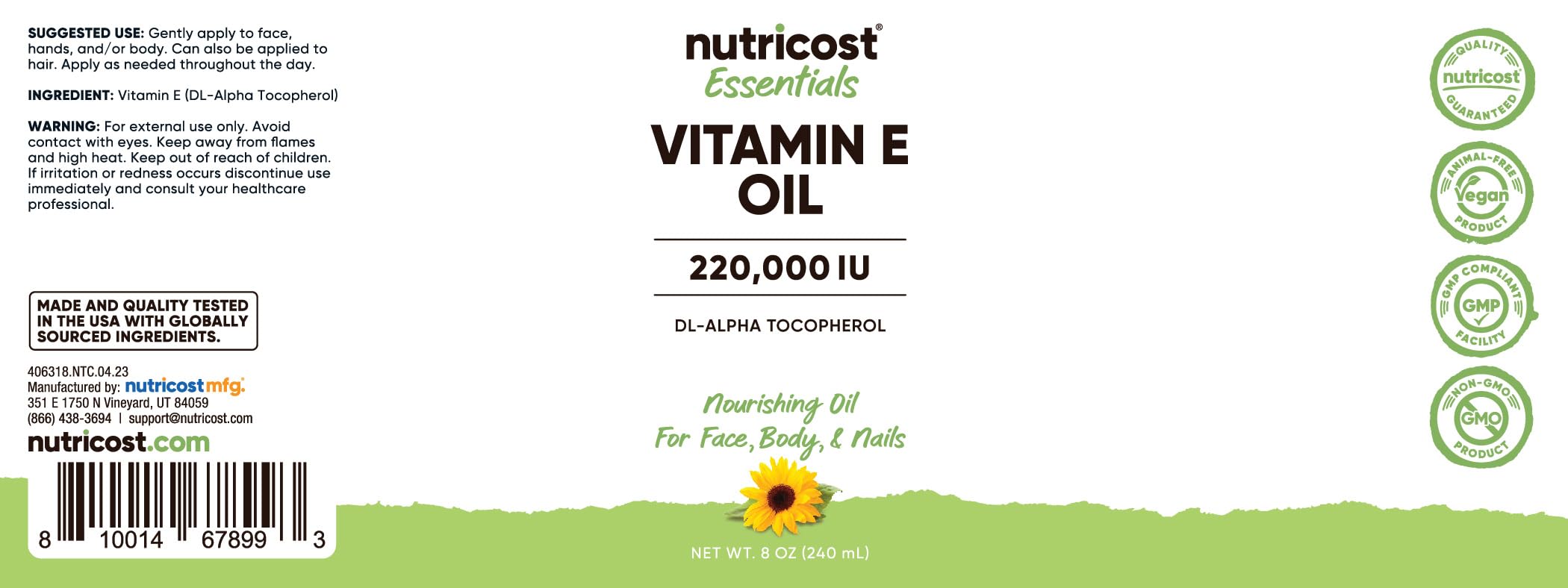 Nutricost Vitamin E Oil application showing precise dropper for controlled use.