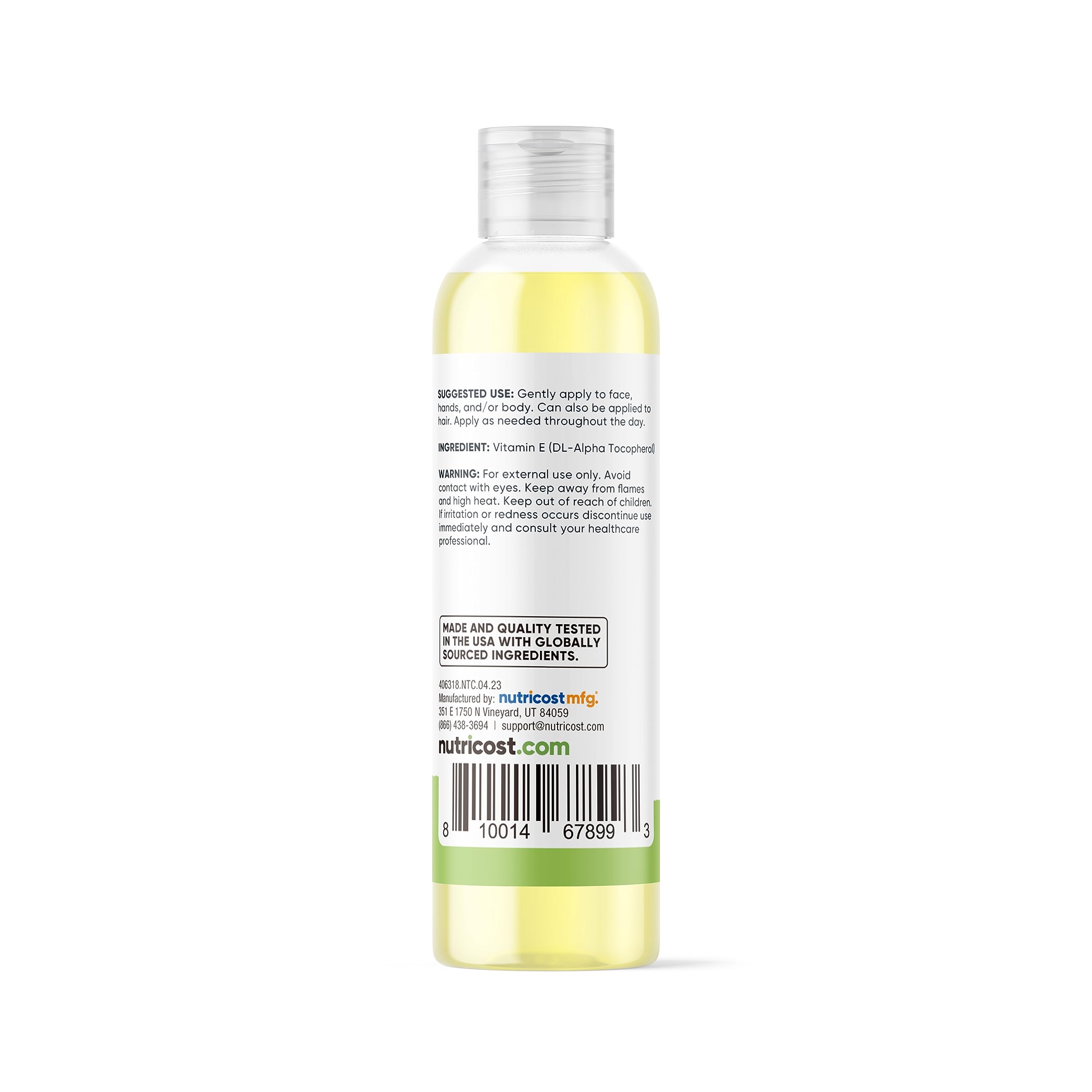 Nutricost Vitamin E Oil packaging closeup highlighting quality standards.