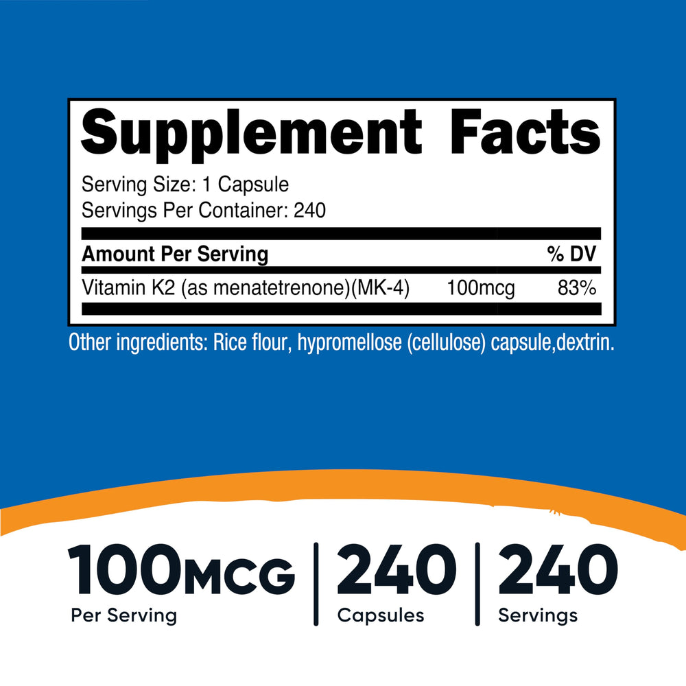 Close-up of Nutricost Vitamin K2 MK4 capsules showing 100 mcg per serving.