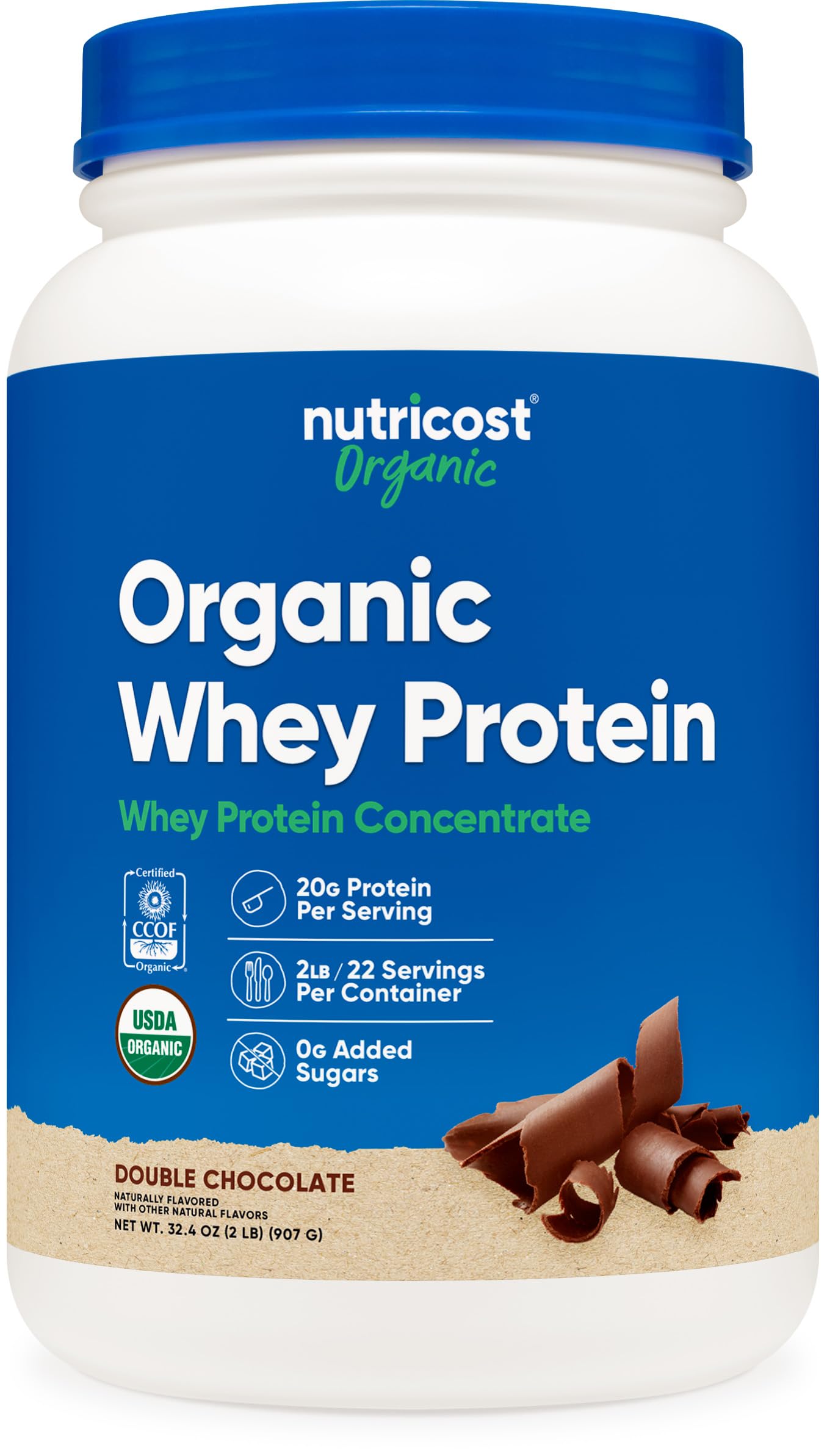 Nutricost Whey Double Chocolate container highlighting rich flavor and protein support