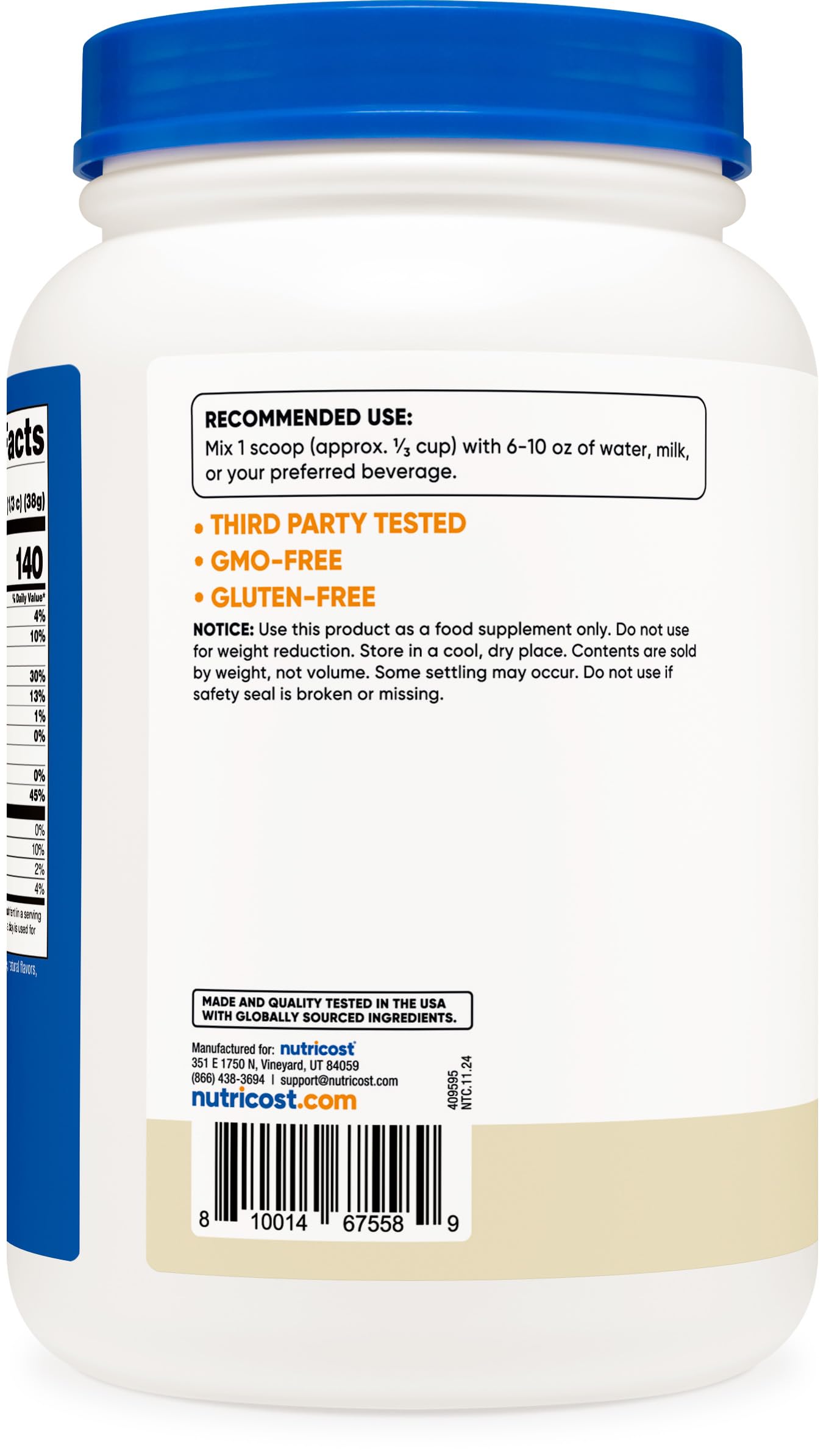 Nutricost whey ingredients label highlighting Kosher and Halal certified protein.