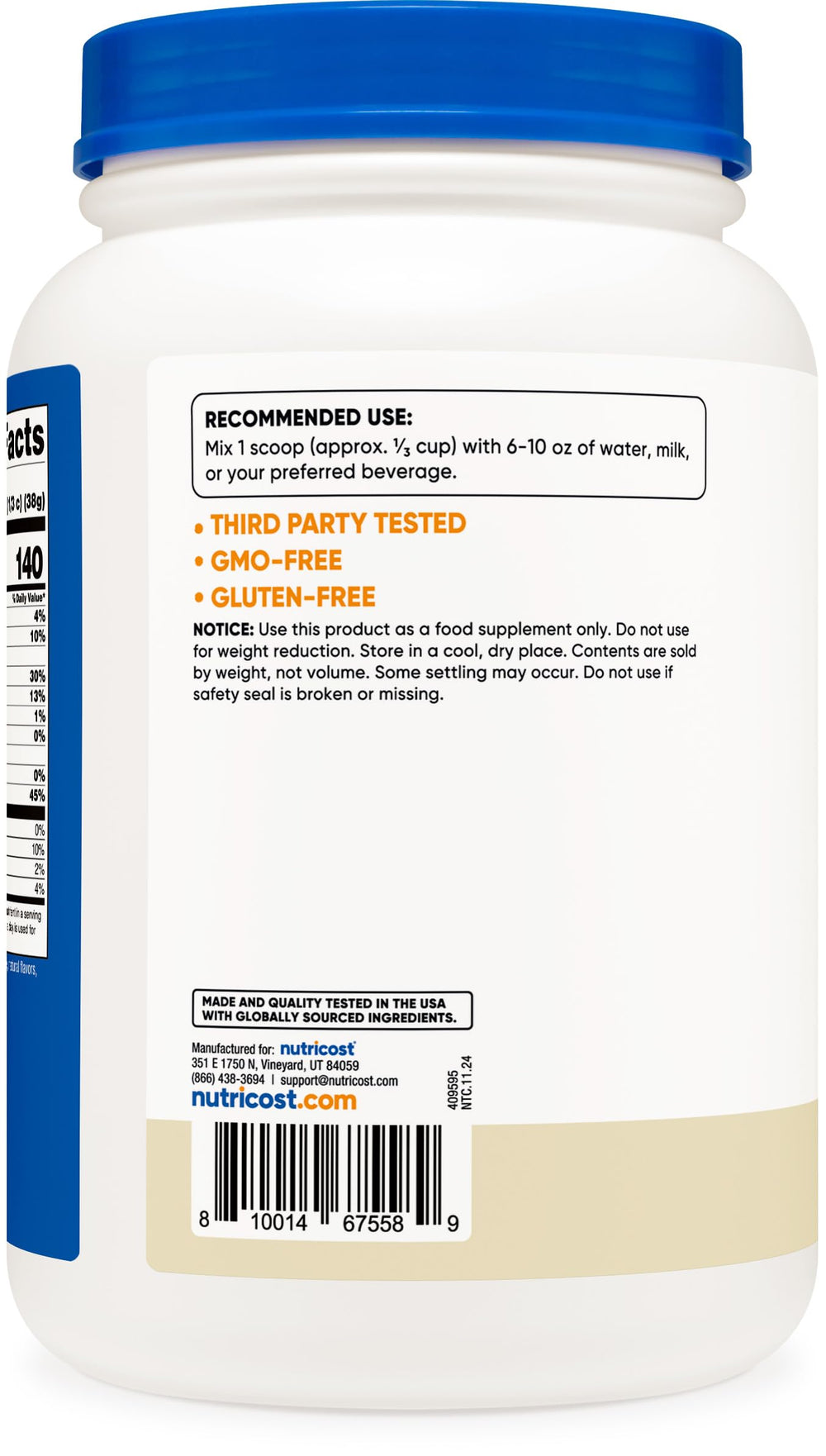 Nutricost whey ingredients label highlighting Kosher and Halal certified protein.