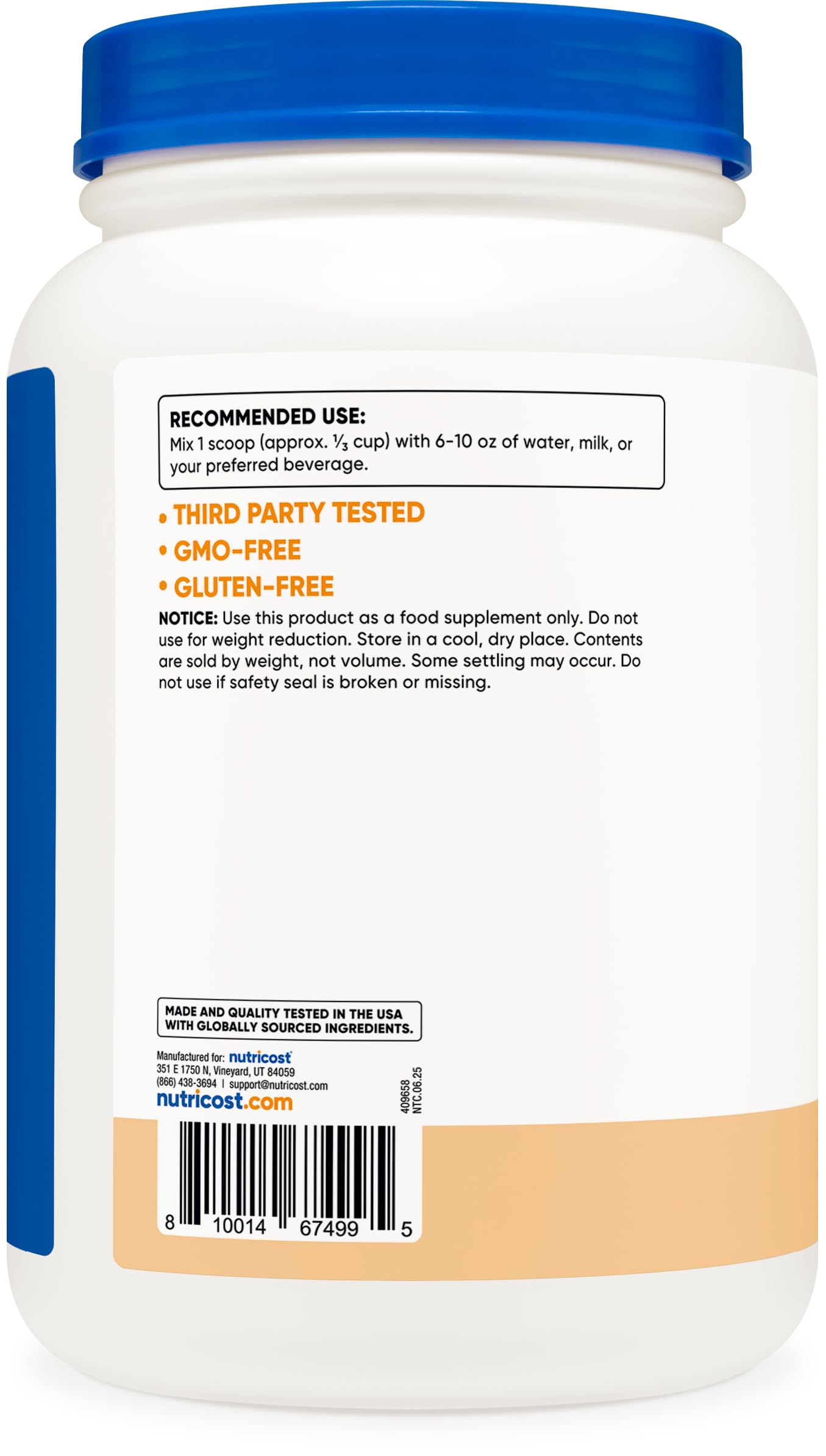 Nutricost Cake Batter isolate scoop included in container.