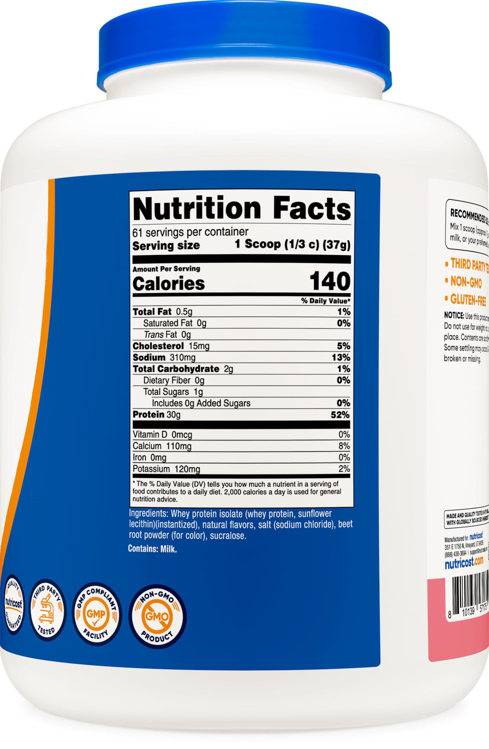Nutricost Whey Isolate Strawberry Milkshake pouring bottle for easy daily use.