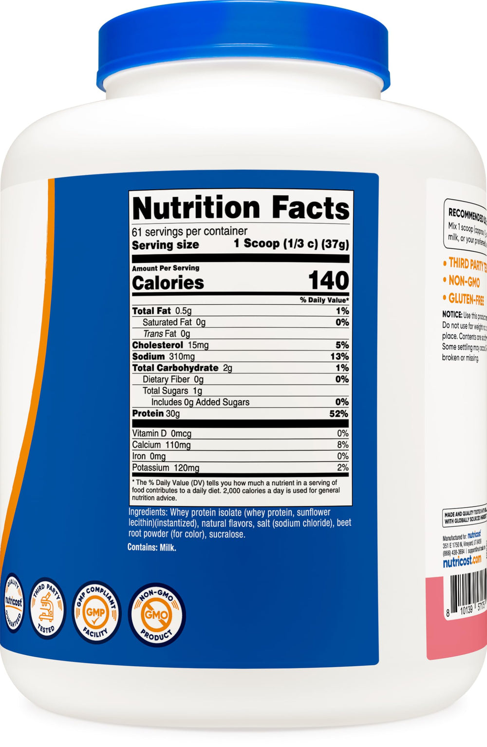 Nutricost Whey Isolate Strawberry Milkshake pouring bottle for easy daily use.