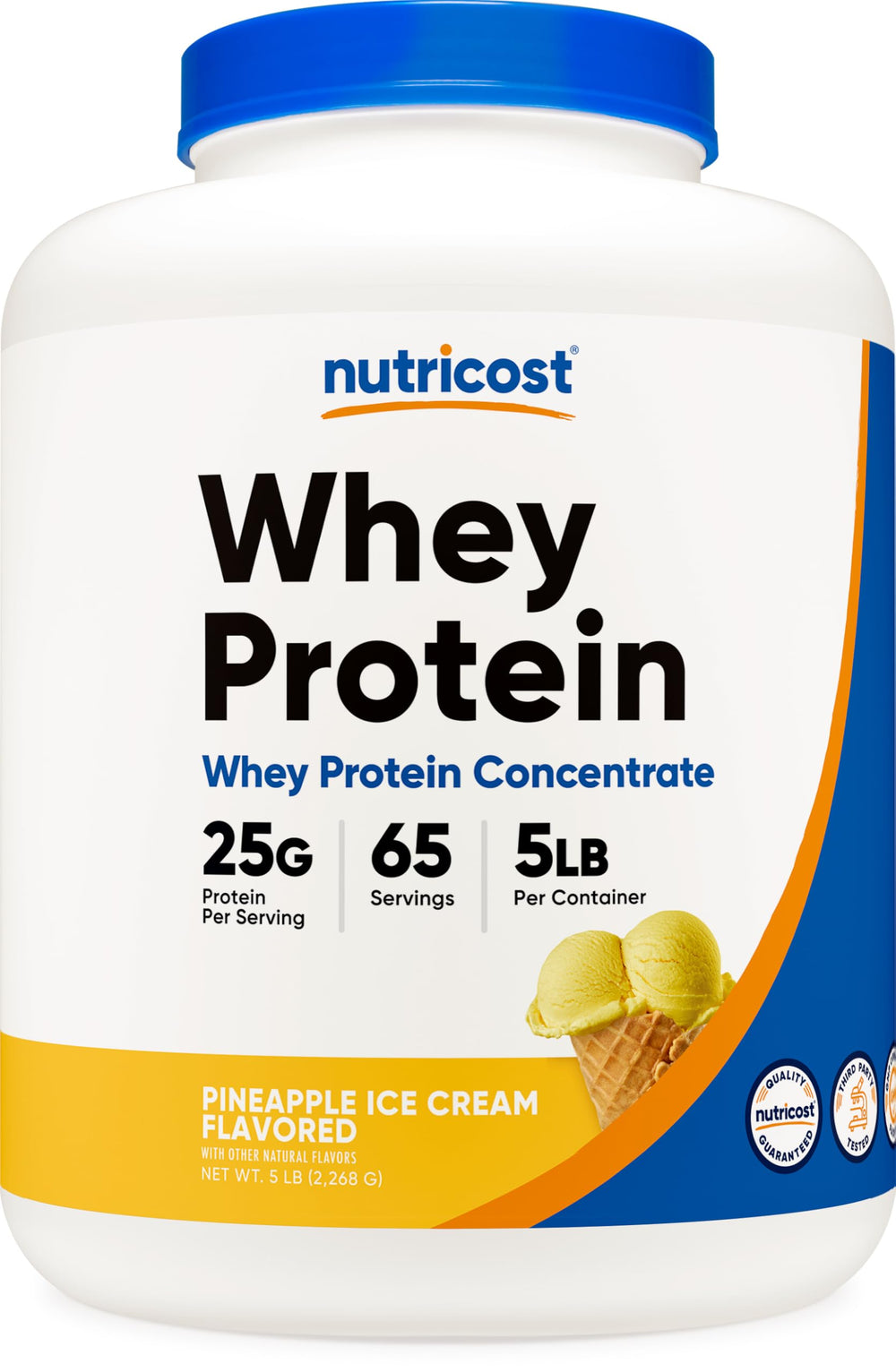Nutricost Pineapple Whey Protein bottle close-up highlights tropical flavor for workouts.