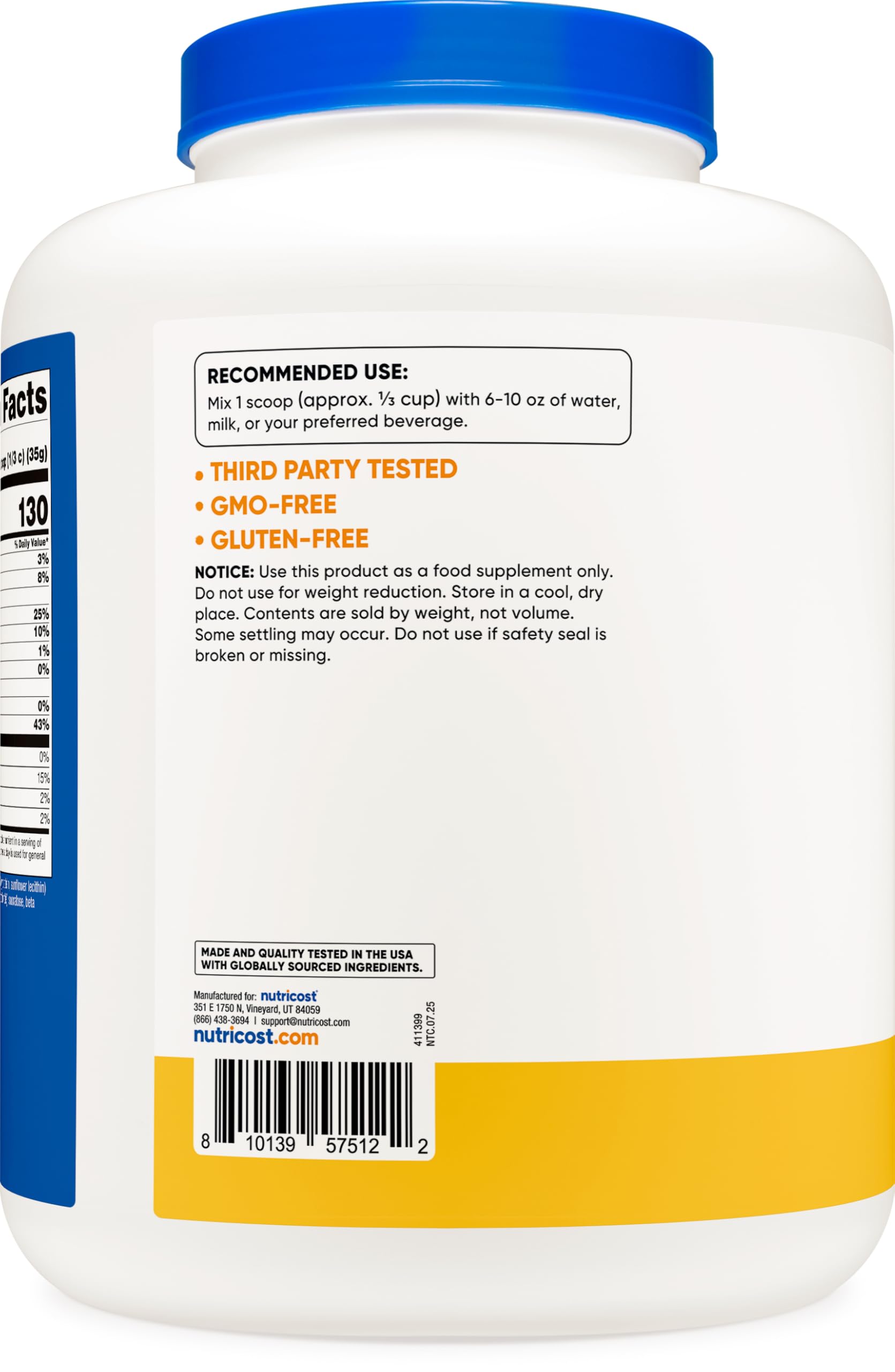 Nutricost bottle label close-up notes gluten-free and GMO-free claims.