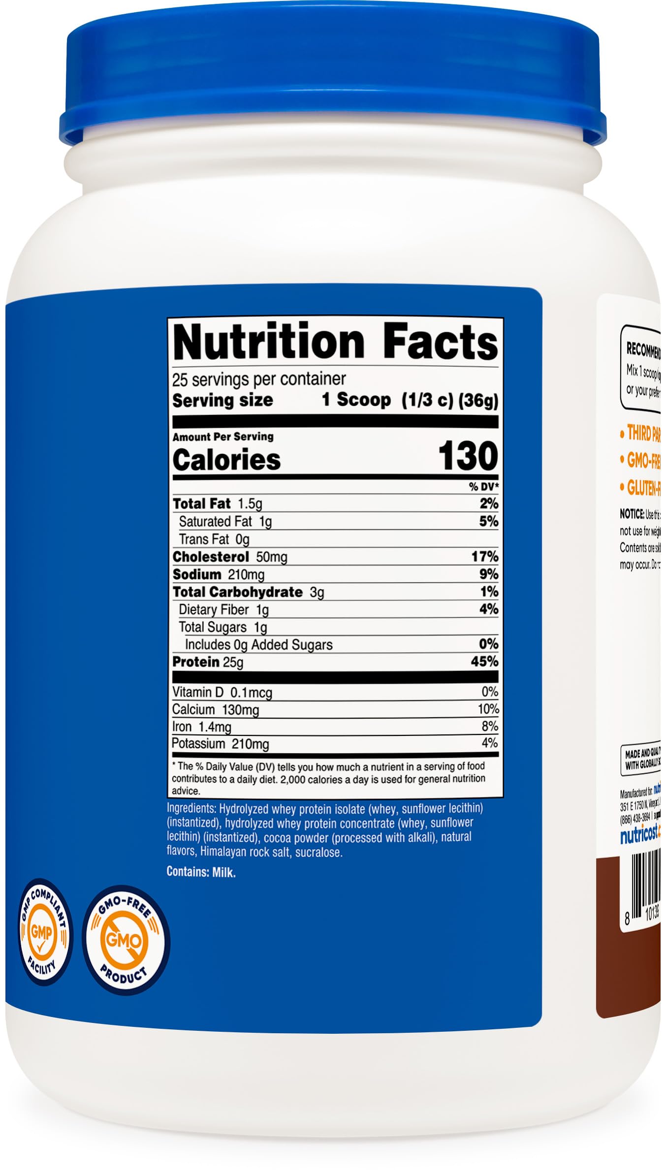 Nutricost chocolate whey protein nutrition panel highlighting gluten-free and GMO-free ingredients.
