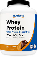 Nutricost Whey Protein Concentrate bottle with chocolate peanut butter flavor for daily shakes