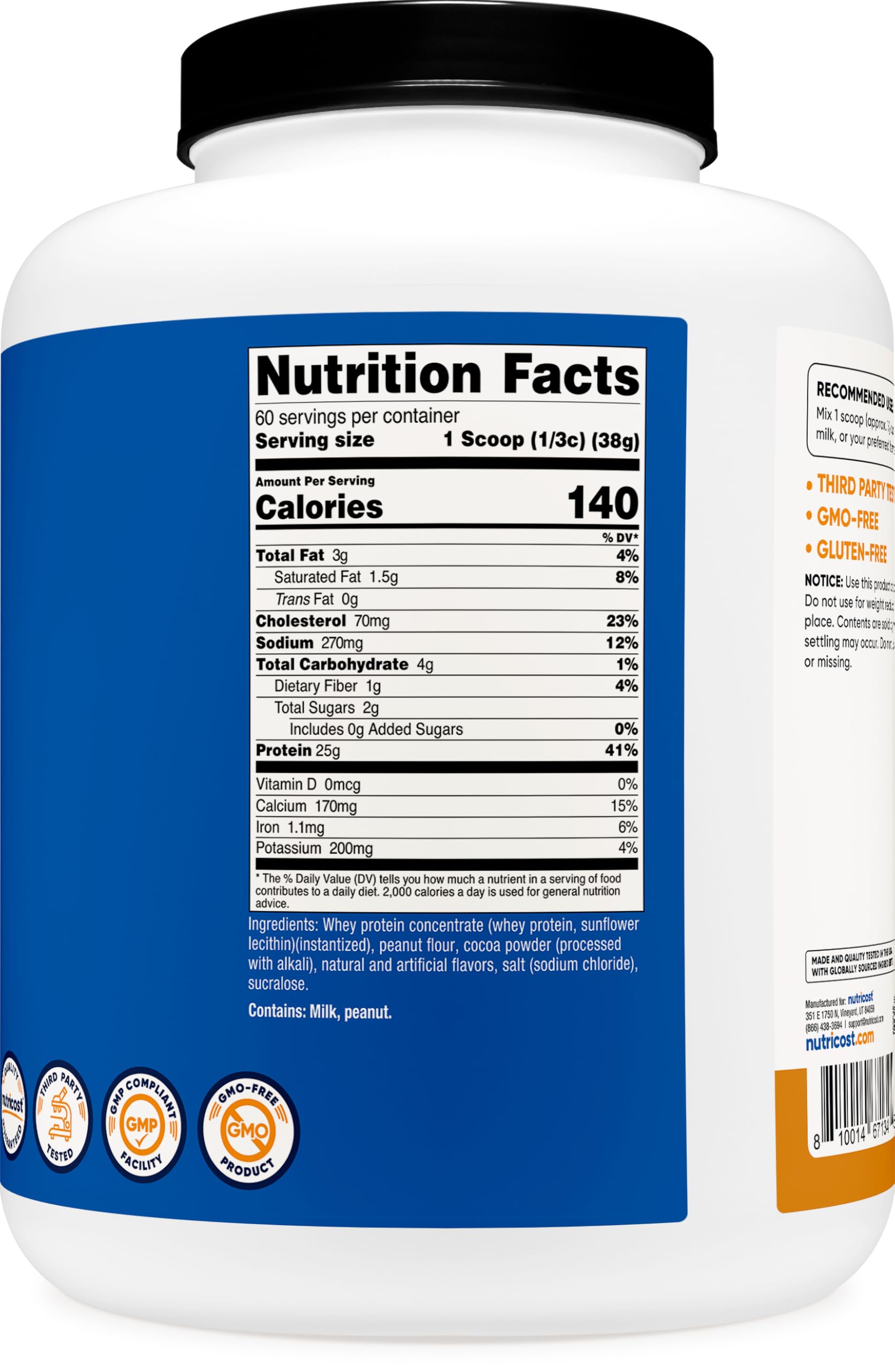 Nutricost label close-up noting NSF, GMP, and FDA compliance
