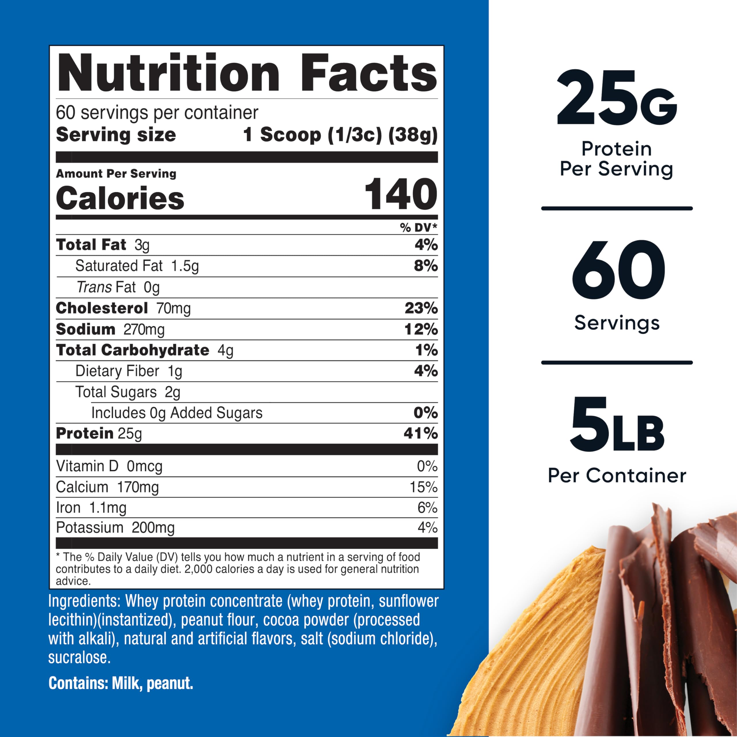 Nutricost scoop of chocolate peanut butter protein powder highlighting easy mixing