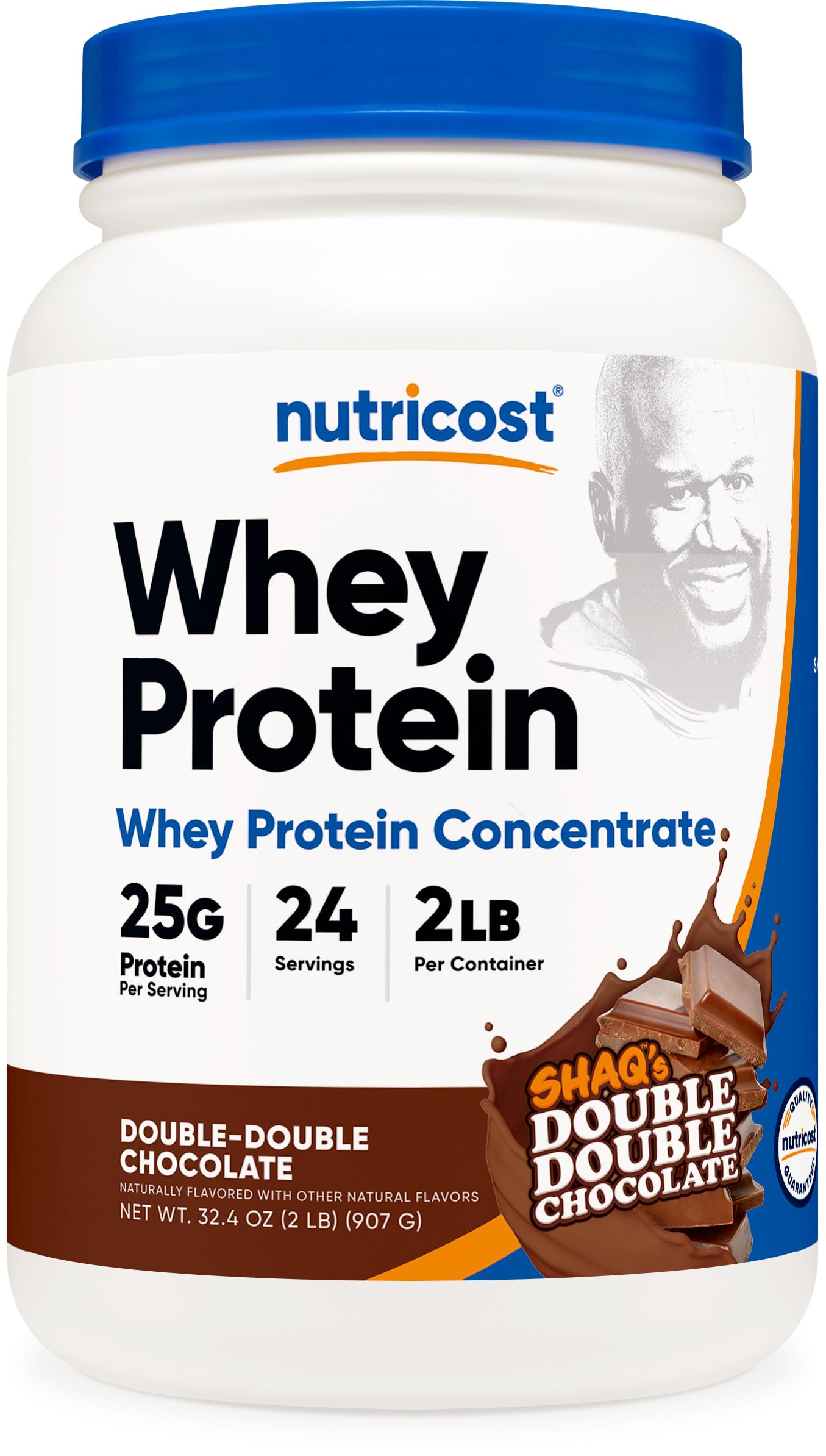 Nutricost Shaq's Double Double Chocolate protein bottle highlights convenient protein for active lifestyles.
