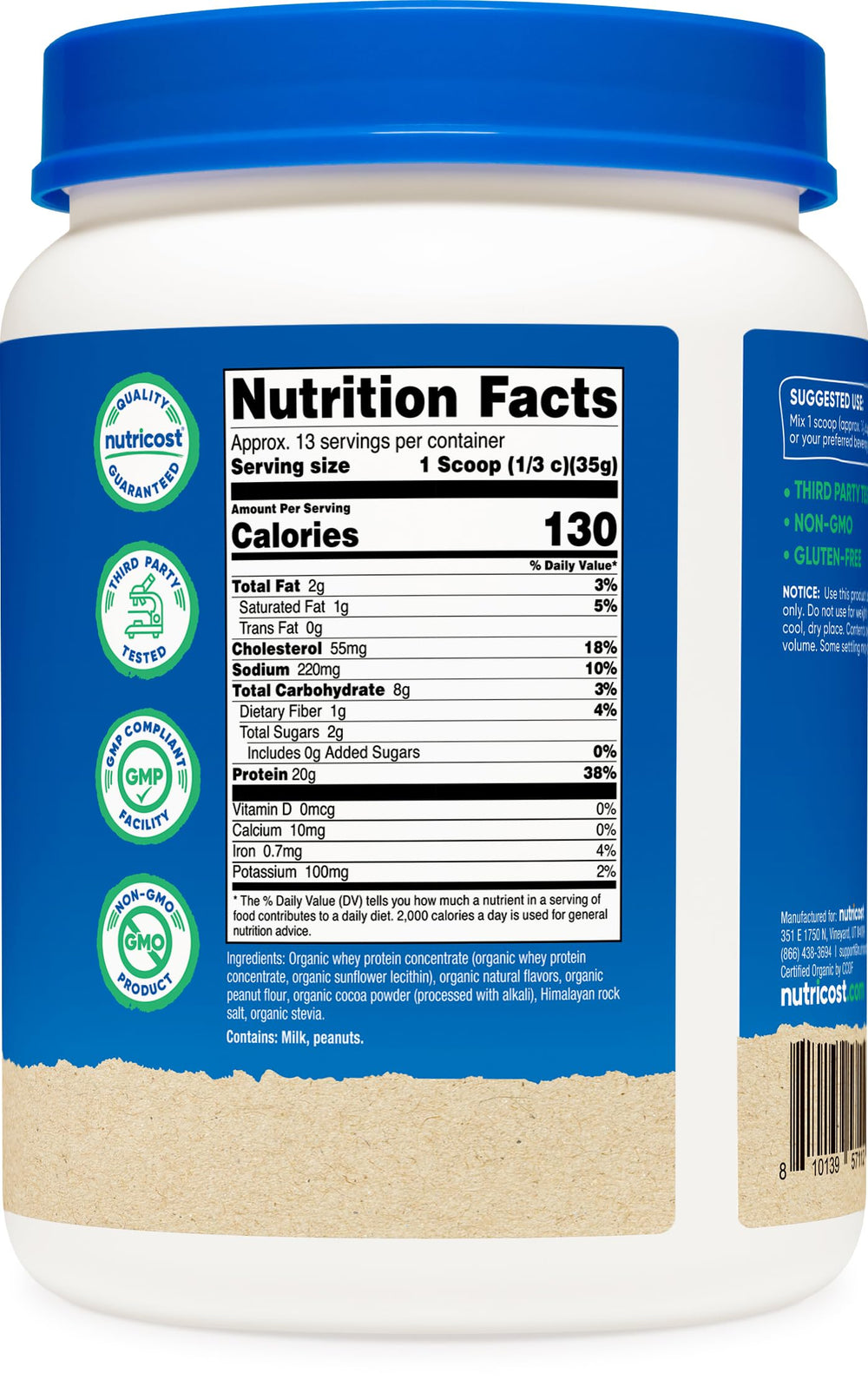 Scoop of Nutricost whey protein concentrate beside a measuring spoon