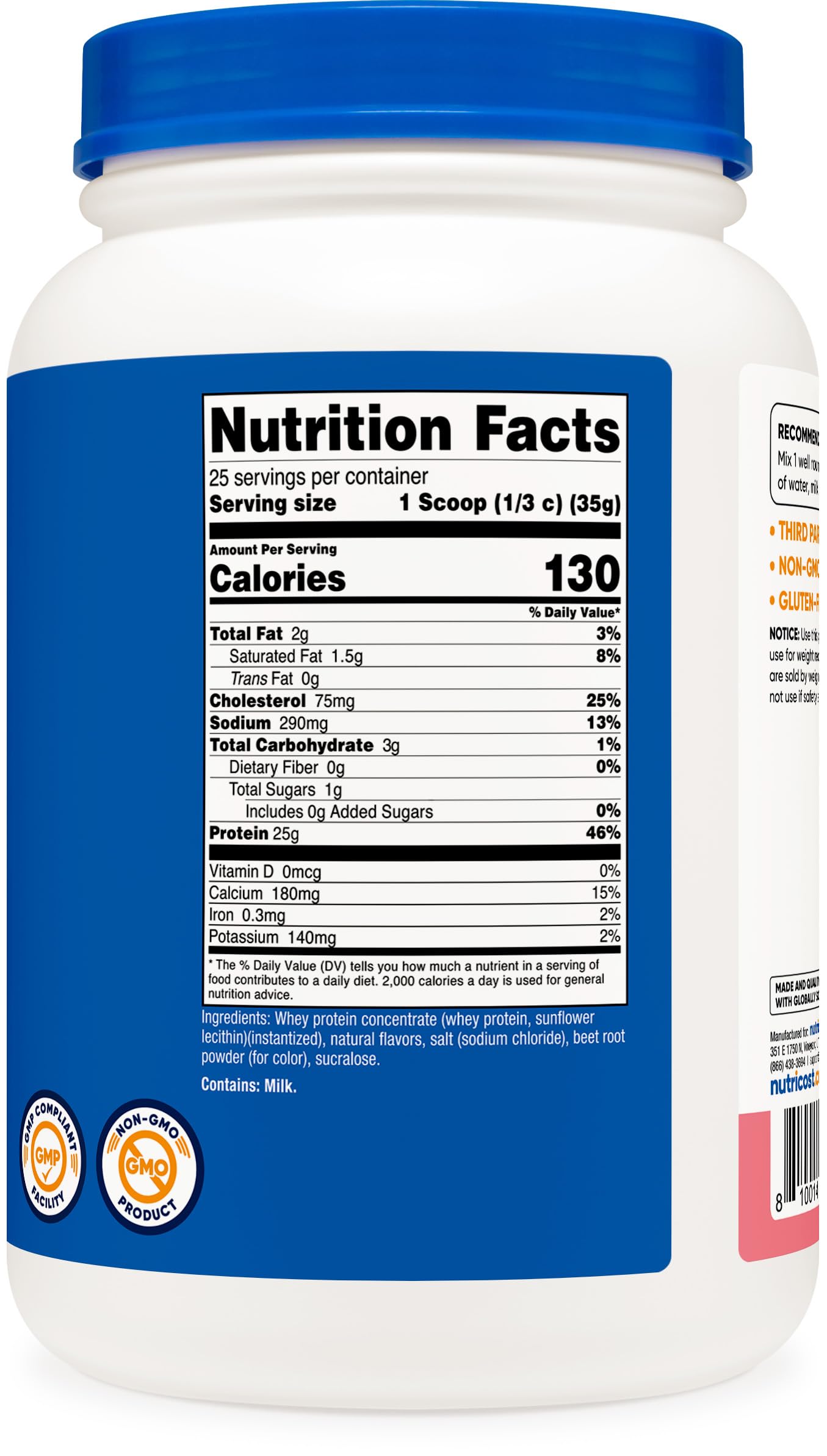 Nutricost whey protein concentrate Strawberry Milkshake tub, gluten-free and non-GMO assurance label